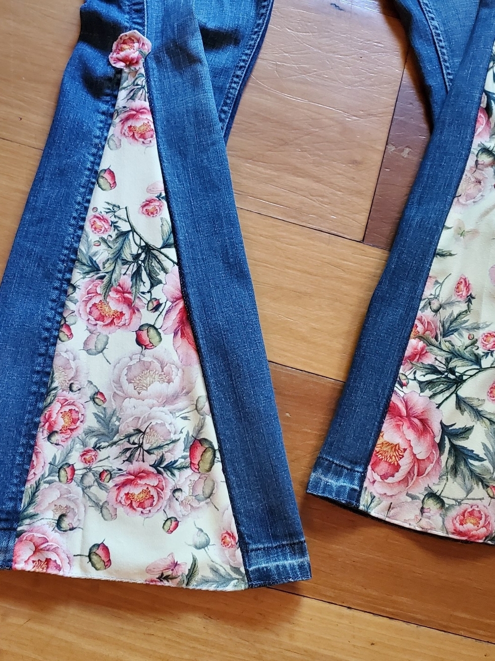Upcycled Calvin Klein Blue Denim Jeans with Pink Floral Inset